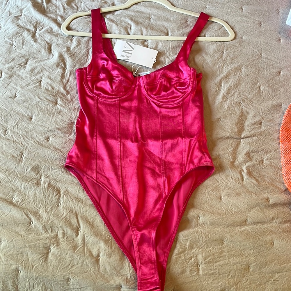 ZARA Pink Satin Effect Thong Bodysuit